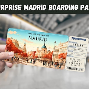 Billet cadeau voyage Madrid, Espagne - Vous allez à MADRID - Imprimable, vol, carte d'embarquement, modifiable, instantané, impression de voyage