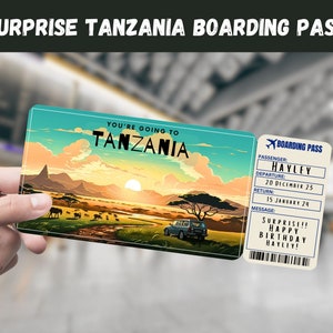 Billet cadeau surprise voyage en Tanzanie - Vous allez en TANZANIE - Imprimable, vol, carte d'embarquement, modifiable, téléchargement immédiat, impression de voyage