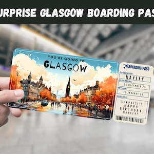 Biglietto regalo a sorpresa per il viaggio a Glasgow, Scozia - Stai andando a GLASGOW, volo, carta d'imbarco, modificabile, download immediato, stampa di viaggio