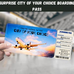 Billete de regalo de viaje sorpresa: ¡vas a la ciudad que elijas! - Vuelo, Tarjeta de embarque, Editable, Descarga instantánea, Impresión de viaje
