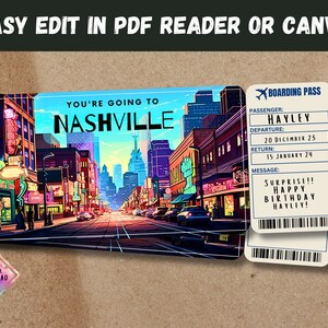 May include: A printable boarding pass invitation with a colorful illustration of a street in Nashville, Tennessee. The text on the boarding pass reads "You're going to Nashville" and "Boarding Pass". The boarding pass also includes fields for passenger name, departure date, return date, and a message. The message reads "Surprise!! Happy Birthday Hayley!"