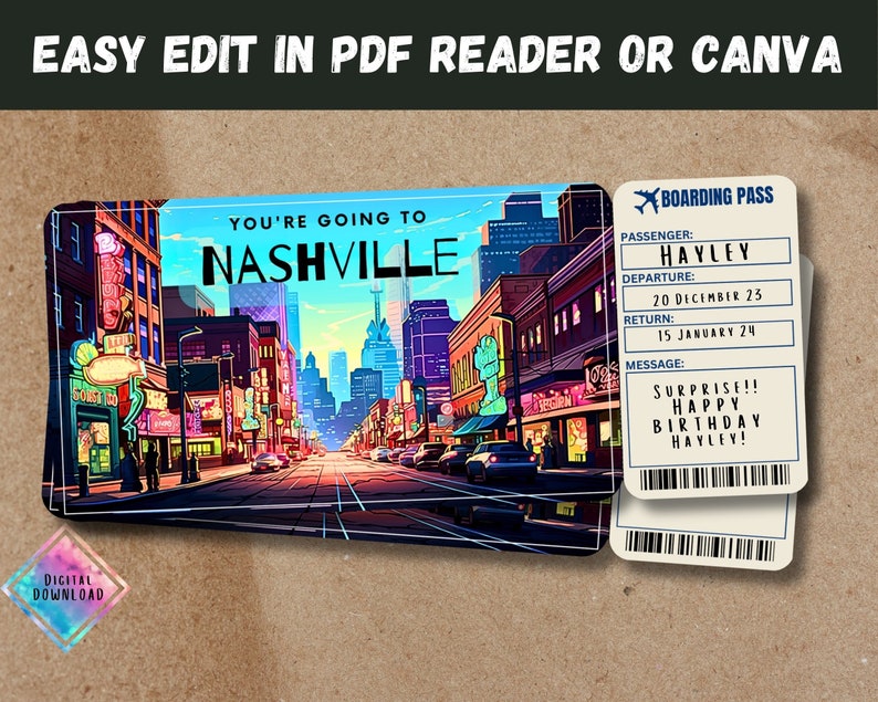 May include: A printable boarding pass invitation with a colorful illustration of a street in Nashville, Tennessee. The text on the boarding pass reads "You're going to Nashville" and "Boarding Pass". The boarding pass also includes fields for passenger name, departure date, return date, and a message. The message reads "Surprise!! Happy Birthday Hayley!"
