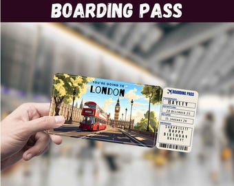 May include: A rectangular surprise London boarding pass featuring an illustration of a red double-decker bus and Big Ben. The ticket includes text reading You're Going To London, Passenger Hayley, Departure 20 December 23, Return 15 January 24, and Message Surprise!! Happy Birthday Hayley!