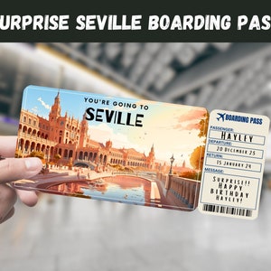 Biglietto regalo a sorpresa per Siviglia, Spagna - Stai andando a SIVIGLIA - Stampabile, Volo, Carta d'imbarco, Istantaneo, Modificabile, Stampa di viaggio