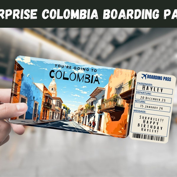 Kolumbien Reise Überraschungsgeschenk Ticket - Sie gehen nach Kolumbien - Printable, Flug, Bordkarte, bearbeitbar, Sofort Download, Reisedruck
