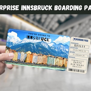 Billete de regalo sorpresa para viaje a Innsbruck, Austria: vas a INNSBRUCK: imprimible, vuelo, tarjeta de embarque, editable, instantánea, impresión de viaje