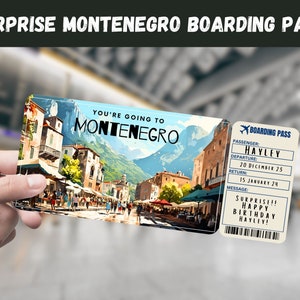 Boleto de regalo sorpresa de viaje de Montenegro - Vas a MONTENEGRO, Vuelo, Tarjeta de embarque, Editable, Descarga instantánea, Impresión de viaje