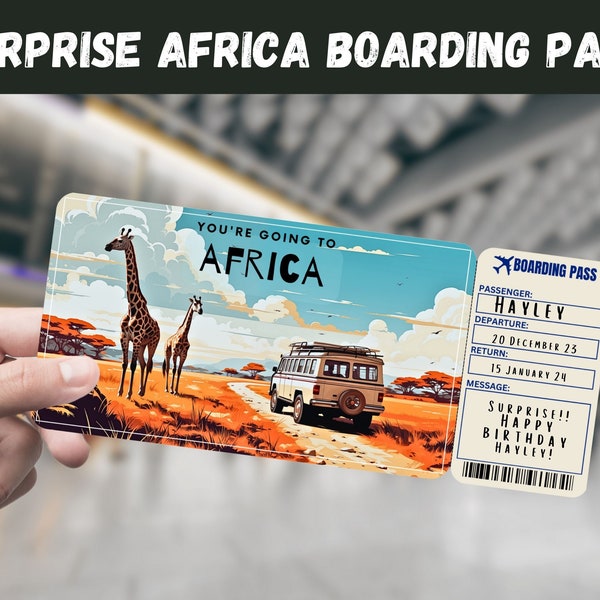 Africa Trip Surprise Gift Ticket - You're Going to AFRICA - Printable, Flight, Boarding Pass, Editable, Instant Download, Travel Print