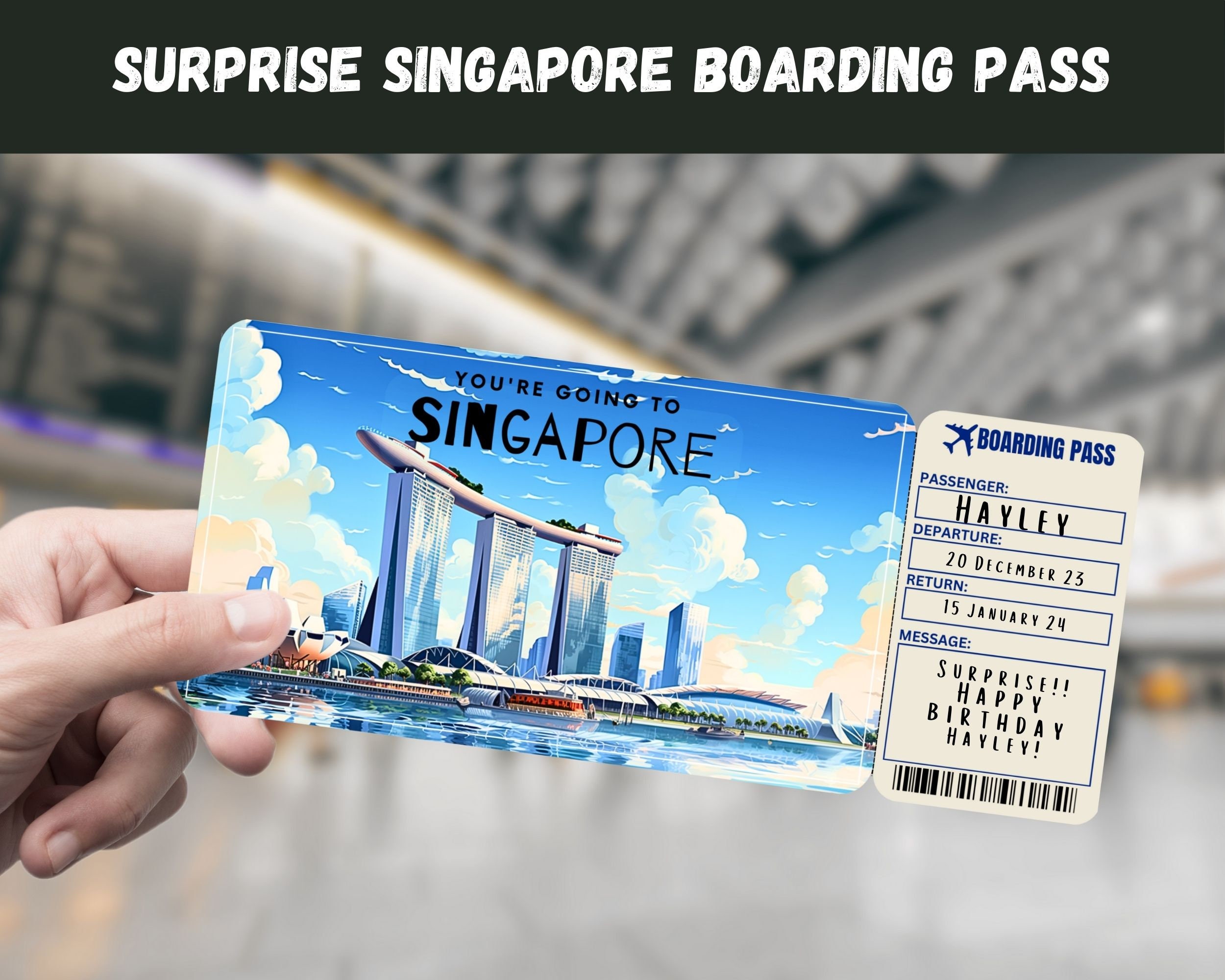 Singapore Trip Surprise Gift Ticket - You're Going to SINGAPORE, Flight, Boarding Pass, Editable, Instant Download, Travel Print