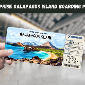 Bilhete-presente surpresa para viagem às Ilhas Galápagos - Você vai para a ILHA GALÁPAGOS, voo, cartão de embarque, download instantâneo, impressão de viagem