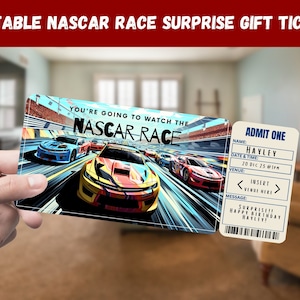 NASCAR Race Surprise Gift Ticket - Je gaat naar de NASCAR RACE kijken - Afdrukbaar, Pass, Bewerkbaar, Instant, Travel Print Uitnodiging