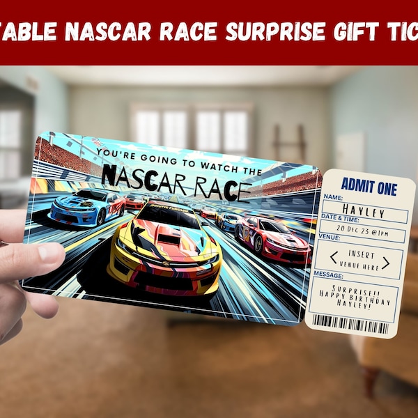 Nascar Race Surprise Gift Ticket - You’re Going to Watch The NASCAR RACE - Printable, Pass, Editable, Instant, Travel Print Invitation