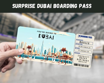 Dubai, UAE Trip Surprise Gift Ticket - You&#39;re Going to DUBAI - Printable, Flight, Boarding Pass, Editable, Instant Download, Travel Print