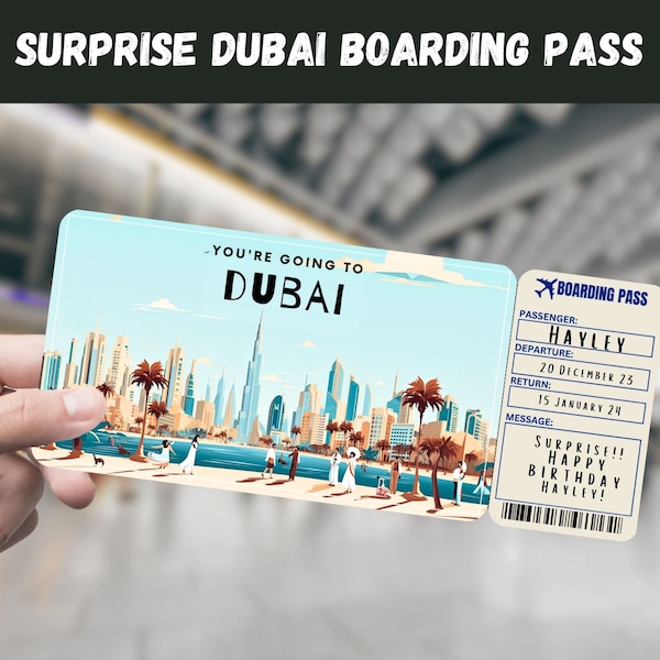 Dubai, VAE Reise Überraschungsgeschenk Ticket - Sie gehen nach DUBAI - Printable, Flug, Bordkarte, bearbeitbar, Sofort Download, Reisedruck