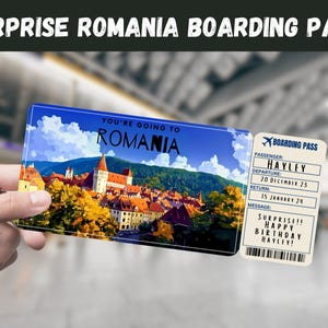 Billete de regalo sorpresa para viajar a Rumanía: vas a RUMANIA: imprimible, vuelo, tarjeta de embarque, editable, descarga instantánea, impresión de viaje
