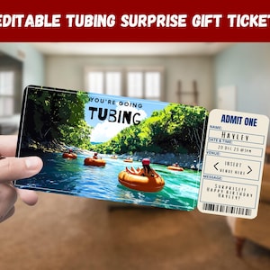 Puede incluir: Un boleto azul y blanco con el texto "You're Going Tubing" y una foto de personas haciendo tubing en un río. El boleto también tiene el texto "Admit One" e incluye un espacio para un nombre, fecha, hora, lugar y mensaje. El mensaje dice "Surprise!! Happy Birthday Hayley!"