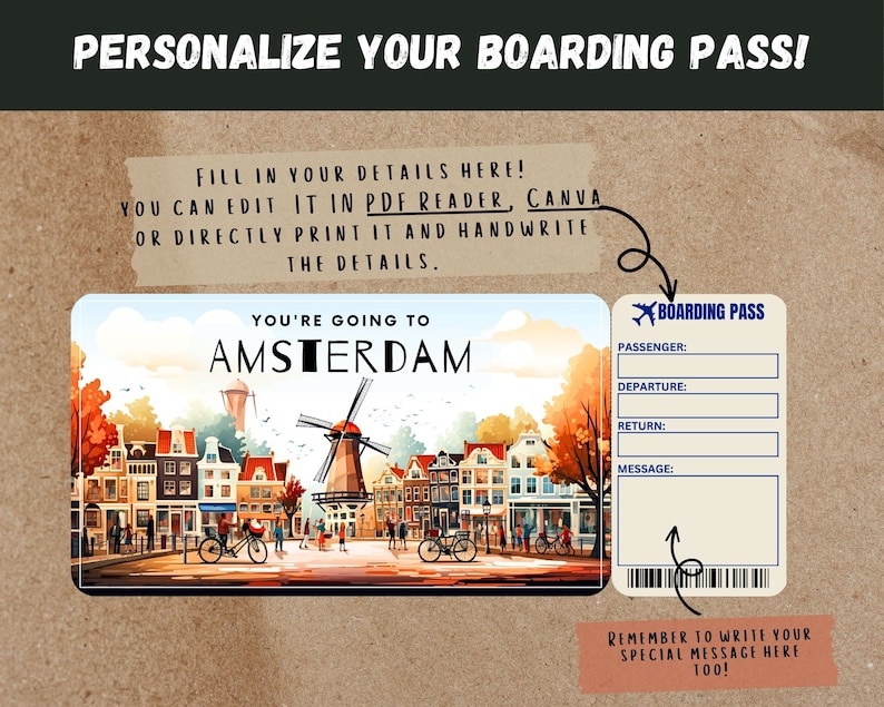 May include: A printable boarding pass template featuring a colourful illustration of Amsterdam, Netherlands. The template includes fields for passenger name, departure, return, and a message. The text "You're going to Amsterdam" is at the top of the template.