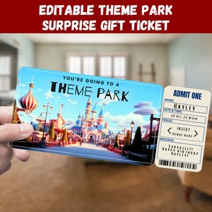 Theme Park Surprise Gift Ticket - You&#39;re going to a THEME PARK - Printable, Pass, Editable,  Instant Print Invitation