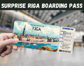 Riga Latvia Boarding Pass, Surprise Trip Reveal, Travel Gift, Editable (Digital Download)