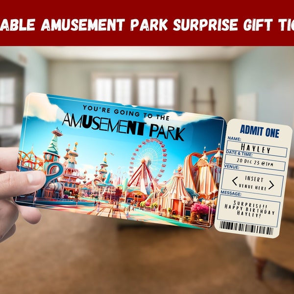 Pretpark Surprise Gift Ticket - Je gaat naar het PRETPARK - Afdrukbaar, Pass, Bewerkbaar, Instant, Travel Print Uitnodiging