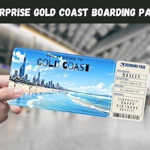 Gold Coast, Austrália Bilhete-presente surpresa de viagem - Você vai para GOLD COAST - para impressão, voo, cartão de embarque, editável, impressão de viagem
