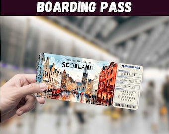 Scotland Boarding Pass, Surprise Trip Reveal, Travel Gift, Editable (Digital Download)