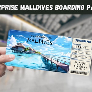 Maldives Trip Surprise Gift Ticket - You're Going to MALDIVES - Printable, Flight, Boarding Pass, Editable, Instant Download, Travel Print