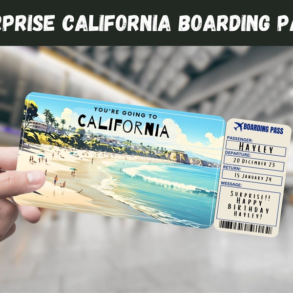 Kalifornien, USA Reise Überraschungsgeschenk Ticket - Sie gehen nach KALIFORNIEN - Printable, Flug, bearbeitbar, Bordkarte, Reisedruck