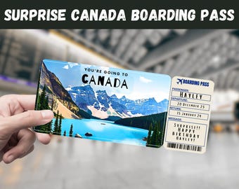 Biglietto a sorpresa per il viaggio in Canada: carta d'imbarco modificabile e stampabile (download digitale)