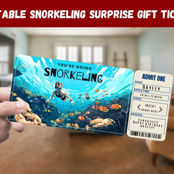 Snorkeling Surprise Gift Ticket - You're Going SNORKELING - Printable, Pass, Editable, Instant Download, Travel Print Invitation