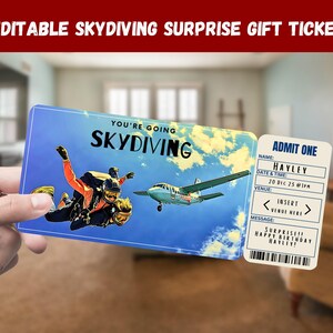 Skydiving Surprise Gift Ticket - You&#39;re Going SKYDIVING - Printable, Pass, Editable, Instant Download Travel Print Invitation