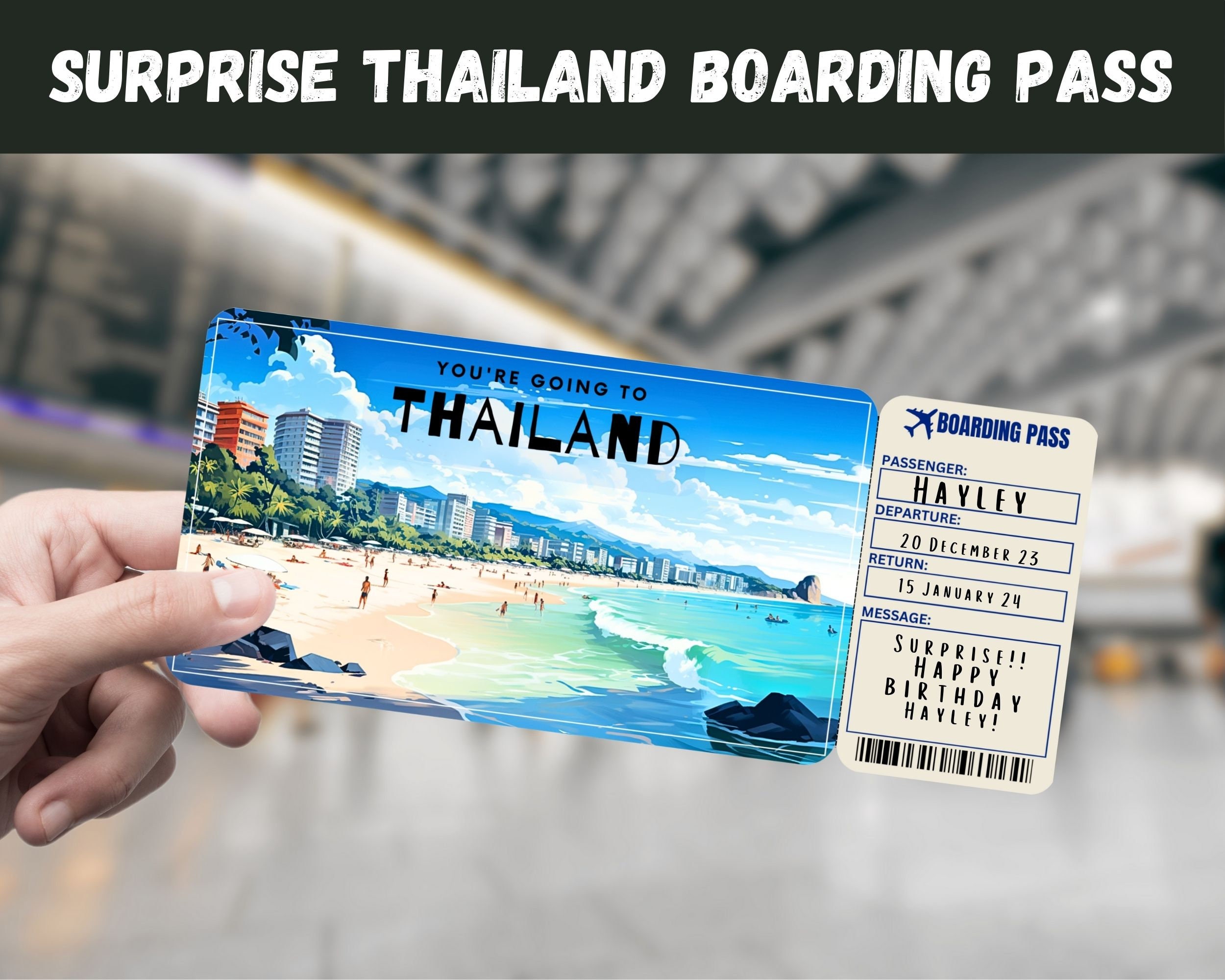 Thailand Trip Surprise Ticket: Editable Boarding Pass (digital