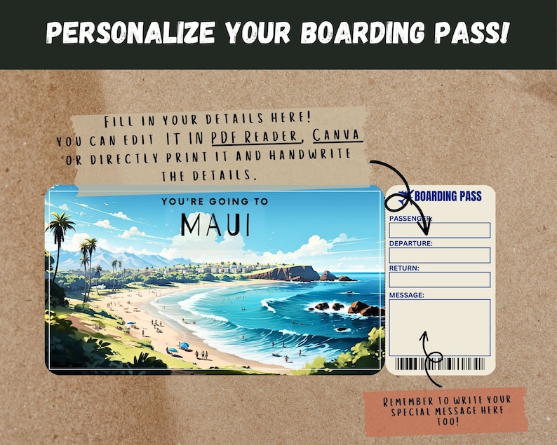 Maui, Hawaii, USA Trip Surprise Gift Ticket You're Going to MAUI Printable, Flight, Editable