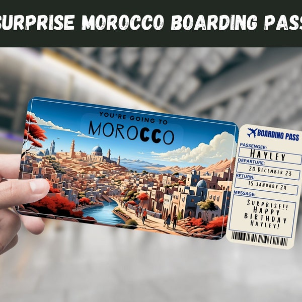Morocco Trip Surprise Gift Ticket - You're Going to MOROCCO - Printable, Flight, Boarding Pass, Editable, Instant Download, Travel Print