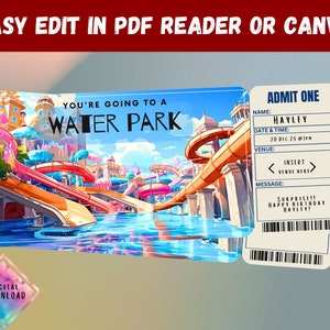 Waterpark Surprise Gift Ticket - You're Going to a WATERPARK - Printable, Pass, Editable ...