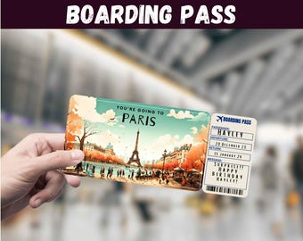 Könnte beinhalten: Eine rechteckige Bordkarte mit einer Illustration des Eiffelturms in Paris in Orange- und Grüntönen. Der Text lautet "YOU'RE GOING TO PARIS" und "BOARDING PASS" mit Passagier "HAYLEY", Abflug "20 DECEMBER 23", Rückflug "15 JANUARY 24" und "SURPRISE!! HAPPY BIRTHDAY HAYLEY!"