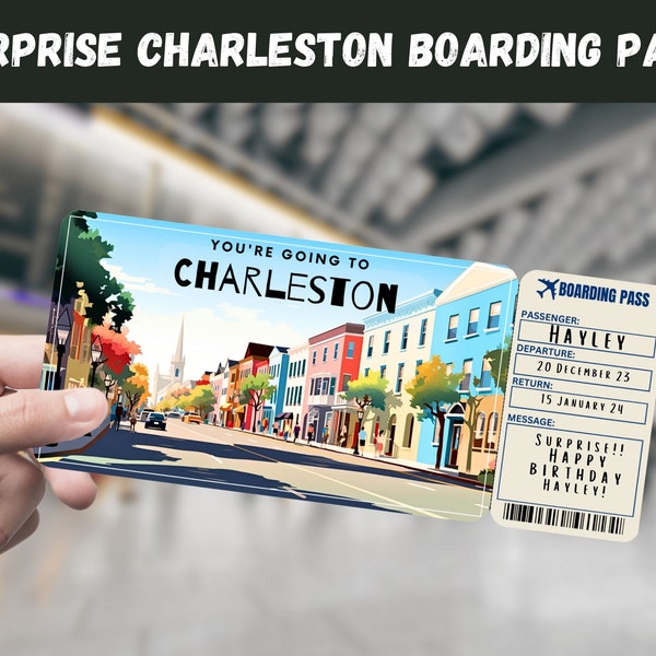 Charleston SC USA Trip Surprise Gift Ticket - You're Going to CHARLESTON - Printable, Flight, Boarding Pass, Editable, Instant, Travel Print