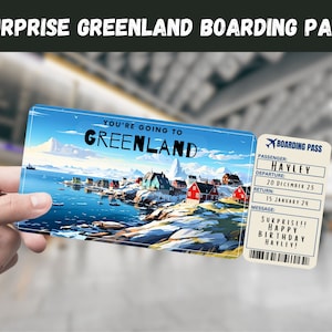 May include: A printable boarding pass with a picture of a Greenland village and the text "You're going to Greenland". The boarding pass has the text "Boarding Pass", "Passenger: Hayley", "Departure: 20 December 23", "Return: 15 January 24", and "Message: Surprise!! Happy Birthday Hayley!"