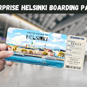 Bilet niespodzianka na wycieczkę do Helsinek, Finlandia - jedziesz do HELSINKI - do wydrukowania, lot, karta pokładowa, edytowalny, natychmiastowy, wydruk podróżny