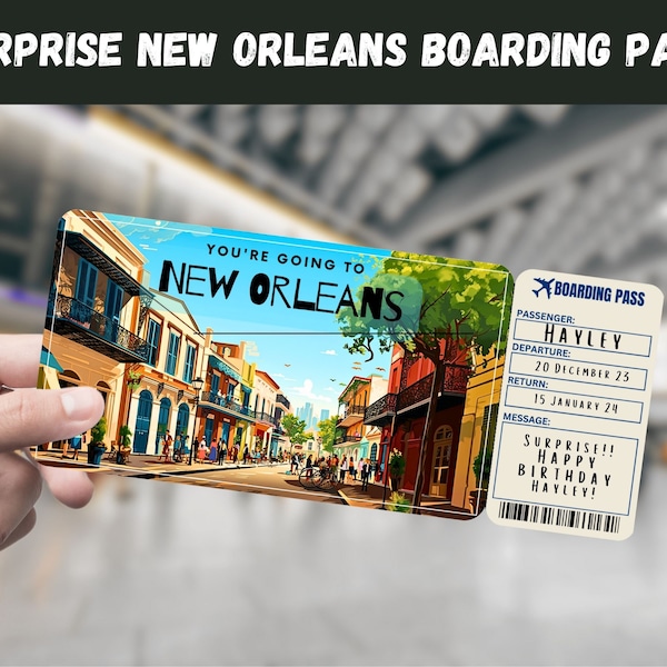 Boleto de regalo sorpresa de viaje de Nueva Orleans LA USA - Vas a Nueva Orleans - Imprimible, Tarjeta de embarque, Editable, Instantáneo, Impresión de viaje