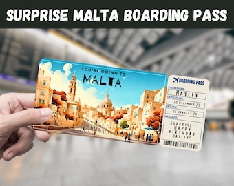 May include: A mock boarding pass with a colorful illustration of a city in Malta. The text reads "You're going to Malta" and "Surprise!! Happy Birthday Hayley!"