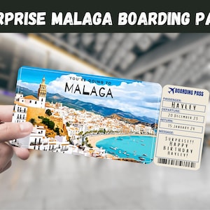 Málaga, Espanha Bilhete-presente surpresa - Você vai para MÁLAGA - Imprimível, voo, cartão de embarque, instantâneo, editável, impressão de viagem
