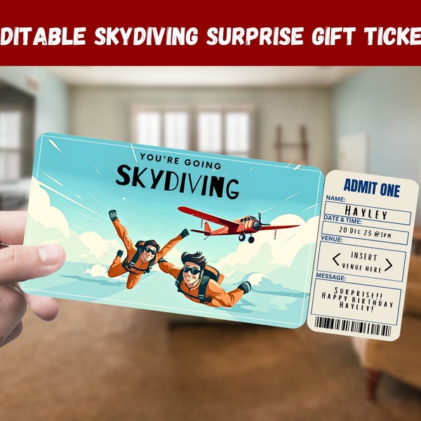 Billet cadeau surprise parachutisme - You're going SKYDIVING - Invitation impression voyage imprimable, pass, modifiable, téléchargement immédiat