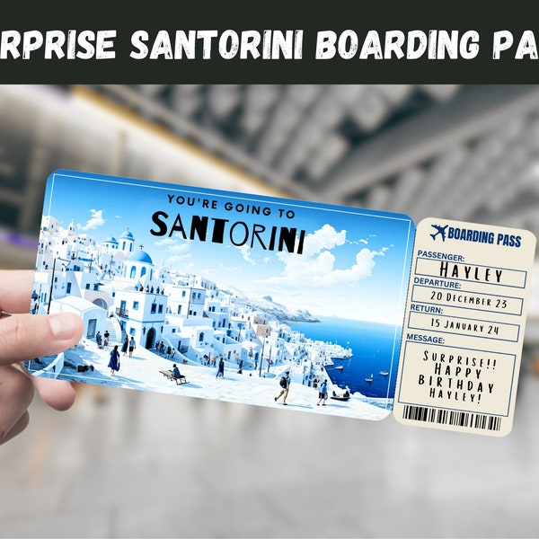 Santorini, Greece Trip Surprise Gift Ticket - You're Going to SANTORINI - Printable, Flight, Boarding Pass, Editable Instant Travel Print