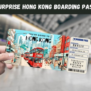 Hong Kong Trip Surprise Gift Ticket - You're Going to HONG KONG - Printable, Flight, Boarding Pass, Editable, Instant Download, Travel Print