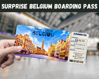 May include: A mock boarding pass with a photo of a street in Belgium. The text on the pass reads "You're going to Belgium" and "Surprise!! Happy Birthday Hayley!"
