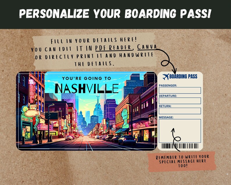 May include: A printable boarding pass template with a colorful illustration of a street scene in Nashville, Tennessee. The template includes fields for passenger name, departure, return, and a message. The text "You're going to Nashville" is at the top of the template.