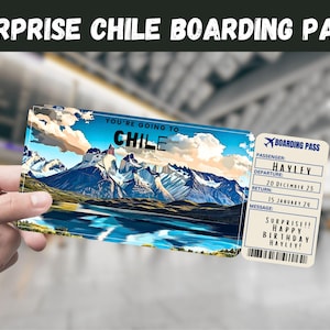 Bilhete-presente surpresa para viagem ao Chile - Você vai para o CHILE - Imprimível, voo, cartão de embarque, editável, impressão de viagem
