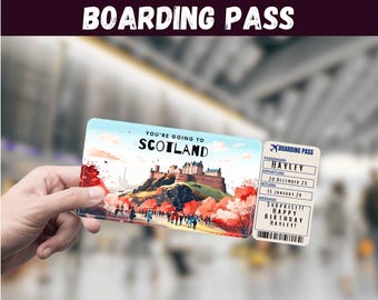 Scotland Boarding Pass, Surprise Trip Reveal, Travel Gift, Editable (Digital Download)