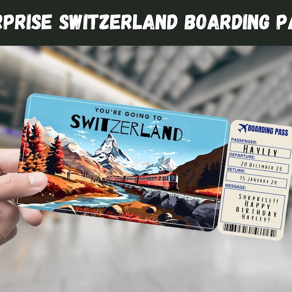 Switzerland Trip Surprise Gift Ticket - You're Going to SWITZERLAND, Flight, Boarding Pass, Editable, Instant Download, Travel Print